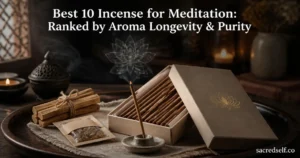 Cozy 16:9 photo of an unbranded sandalwood incense bundle and lit stick with curling smoke forming a subtle lotus above a dark tray; supporting Palo Santo sticks and frankincense packet to the side; centered white title across top reading "Best 10 Incense for Meditation: Ranked by Aroma Longevity & Purity" and small white "sacredself.co" watermark at bottom right.