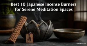 16:9 photorealistic still life of a Nambu iron petal incense burner with sandalwood sticks and a ceramic brown bowl on a dark muted background, white title at top and small 'sacredself.co' watermark bottom right.