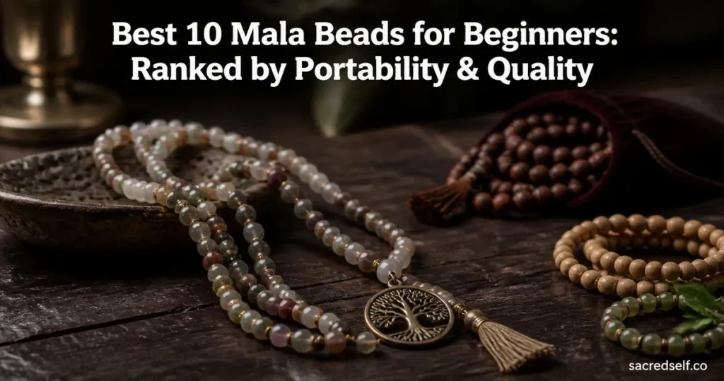 Cozy 16:9 still-life of a gemstone mala necklace with tree pendant as the hero, arranged with sandalwood and rosewood mala beads and a velvet bag on a dark surface; large white title centered at top and small white "sacredself.co" watermark bottom right.