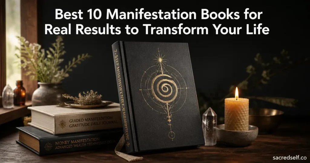 Cozy 16:9 photorealistic still-life of a hero manifestation book with a glowing gold sigil, two supporting books, candle and crystal on a dark table; large white title centered at top and small "sacredself.co" watermark bottom right.