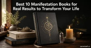 Cozy 16:9 photorealistic still-life of a hero manifestation book with a glowing gold sigil, two supporting books, candle and crystal on a dark table; large white title centered at top and small "sacredself.co" watermark bottom right.