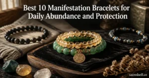 Cozy still-life of a 3-piece wealth crystal bracelet set on dark velvet with a visible engraved manifestation sigil charm, accompanied by a black obsidian protection bracelet and an evil-eye bracelet; large white title centered at top and small 'sacredself.co' watermark bottom right.