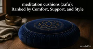 Photorealistic 16:9 image of a deep navy velvet Tibetan zafu meditation cushion with a gold embroidered lotus symbol, cozy soft-lit setting with a linen shawl and singing bowl in soft focus; large white title centered at top: 'meditation cushions (zafu): Ranked by Comfort, Support, and Style' and small white 'sacredself.co' watermark at bottom right.