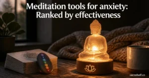 Cozy 16:9 photo of a glowing breathing Buddha meditation lamp with a lotus emblem, with a 7‑chakra thumb worry stone and self‑care cards blurred nearby, dark muted background, white title centered at top and small "sacredself.co" watermark bottom right.