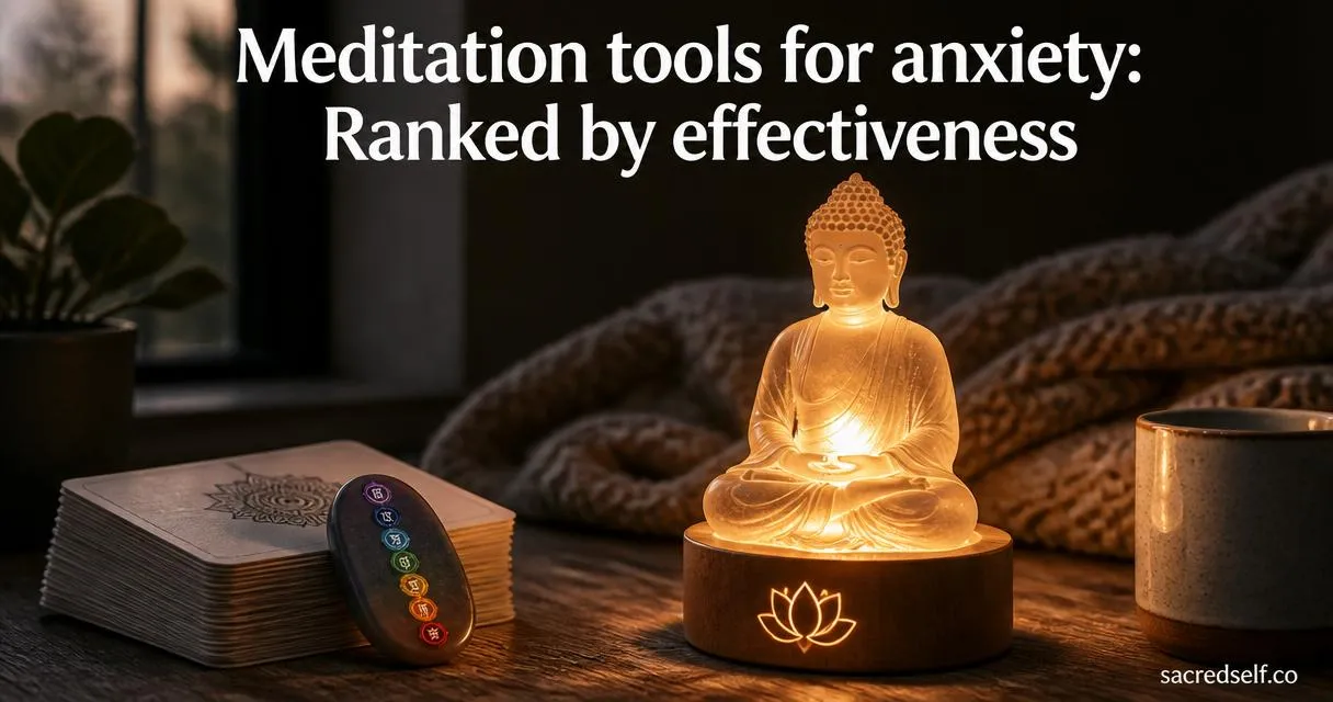 Cozy 16:9 photo of a glowing breathing Buddha meditation lamp with a lotus emblem, with a 7‑chakra thumb worry stone and self‑care cards blurred nearby, dark muted background, white title centered at top and small "sacredself.co" watermark bottom right.