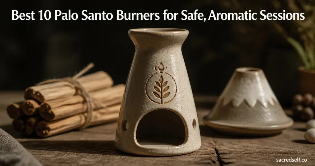Photorealistic 16:9 image of a handcrafted ceramic palo santo mini chiminea with a carved palo santo leaf emblem on a wooden table, with blurred Peruvian palo santo sticks and a minimalist Mount Fuji holder in the background; large white title at top reads 'Best 10 Palo Santo Burners for Safe, Aromatic Sessions'; small 'sacredself.co' watermark bottom right.