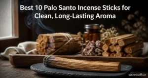 Smoldering 11-inch palo santo stick on a dark slate dish with a bundle of smudge sticks and dried flowers in a cozy, muted dark setting; white title centered at top and small 'sacredself.co' watermark bottom right.