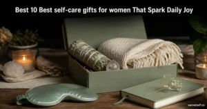 Candid 16:9 photorealistic still-life of a sage-green self-care package box with sage smudge bundle, crystal, cozy blanket, gel eye mask and journal on a dark muted background, white title at top reading 'Best 10 Best self-care gifts for women That Spark Daily Joy' and small 'sacredself.co' watermark bottom right.