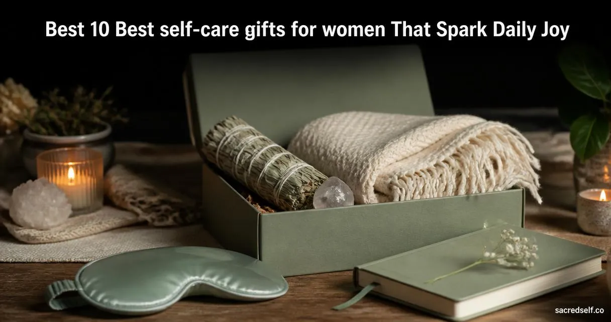 Candid 16:9 photorealistic still-life of a sage-green self-care package box with sage smudge bundle, crystal, cozy blanket, gel eye mask and journal on a dark muted background, white title at top reading 'Best 10 Best self-care gifts for women That Spark Daily Joy' and small 'sacredself.co' watermark bottom right.