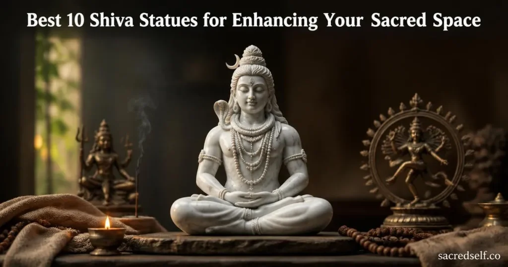 Photorealistic 16:9 image of a white marble Shiva statue in padmasana on a dark altar, flanked by blurred bronze Shiva figurines, with the white title 'Best 10 Shiva Statues for Enhancing Your Sacred Space' centered at the top and a small 'sacredself.co' watermark in the bottom right.