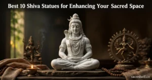 Photorealistic 16:9 image of a white marble Shiva statue in padmasana on a dark altar, flanked by blurred bronze Shiva figurines, with the white title 'Best 10 Shiva Statues for Enhancing Your Sacred Space' centered at the top and a small 'sacredself.co' watermark in the bottom right.