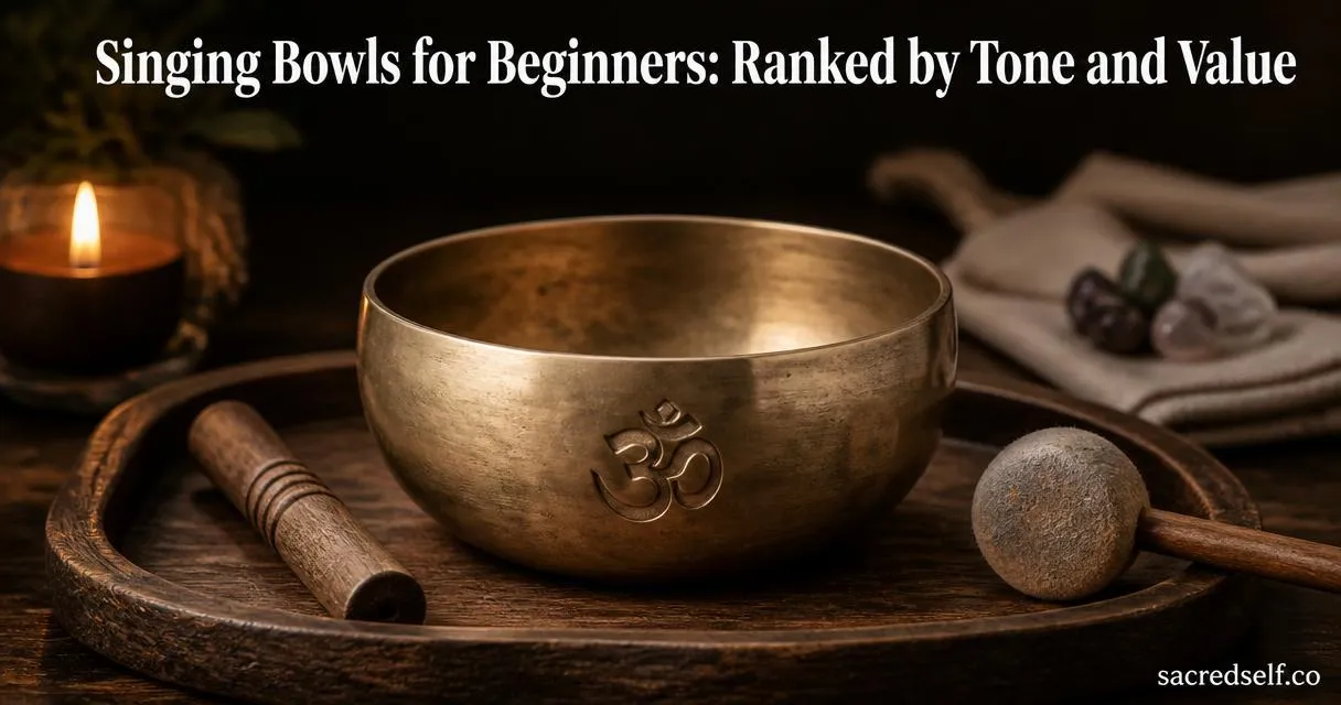 16:9 photorealistic image of an unbranded beginner Tibetan singing bowl with an embossed Om symbol on a wooden tray, wooden striker and mallet nearby, cozy dim warm lighting, white title text at top 'Singing Bowls for Beginners: Ranked by Tone and Value' and small 'sacredself.co' watermark bottom right.