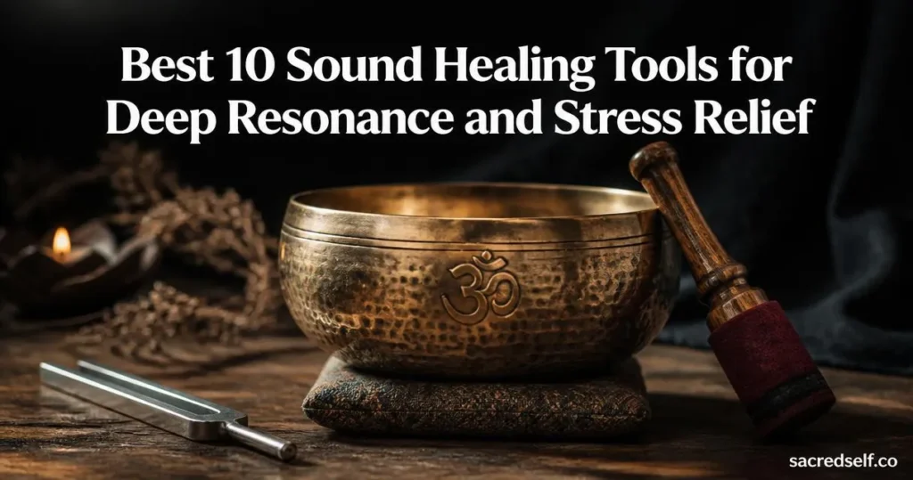 Photoreal, 16:9 cozy dark scene of a handcrafted Nepalese singing bowl with an engraved Om symbol, mallet and tuning fork nearby; large white title centered at top: 'Best 10 Sound Healing Tools for Deep Resonance and Stress Relief'; small 'sacredself.co' watermark bottom right.