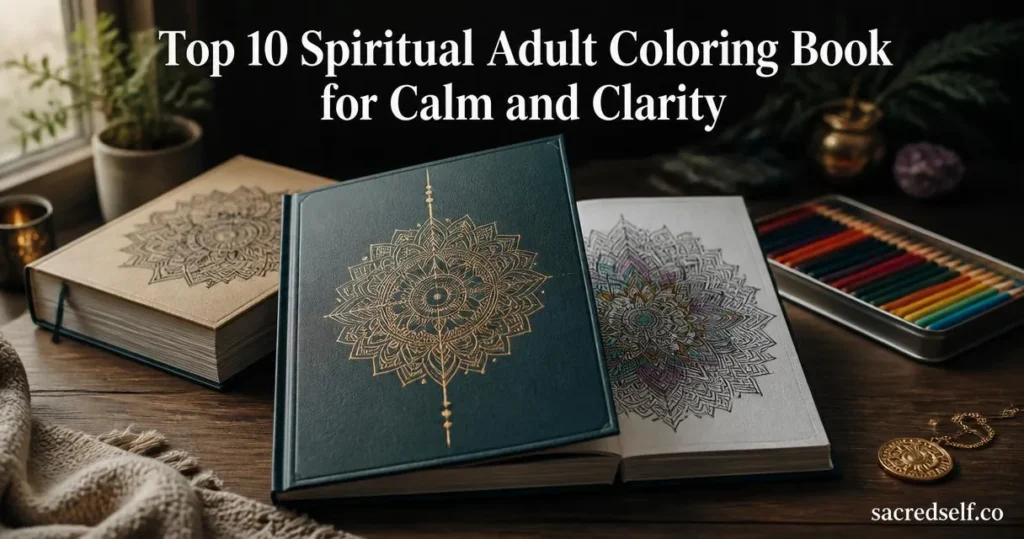 Cozy 16:9 photoreal still-life of a premium mandala coloring set with an embossed golden mandala on the cover, open mandala page and colored pencils on a wooden table; large white centered title at top reads 'Top 10 Spiritual Adult Coloring Book for Calm and Clarity' and a small 'sacredself.co' watermark in the bottom right; muted dark bokeh background, natural window light, shallow depth of field.