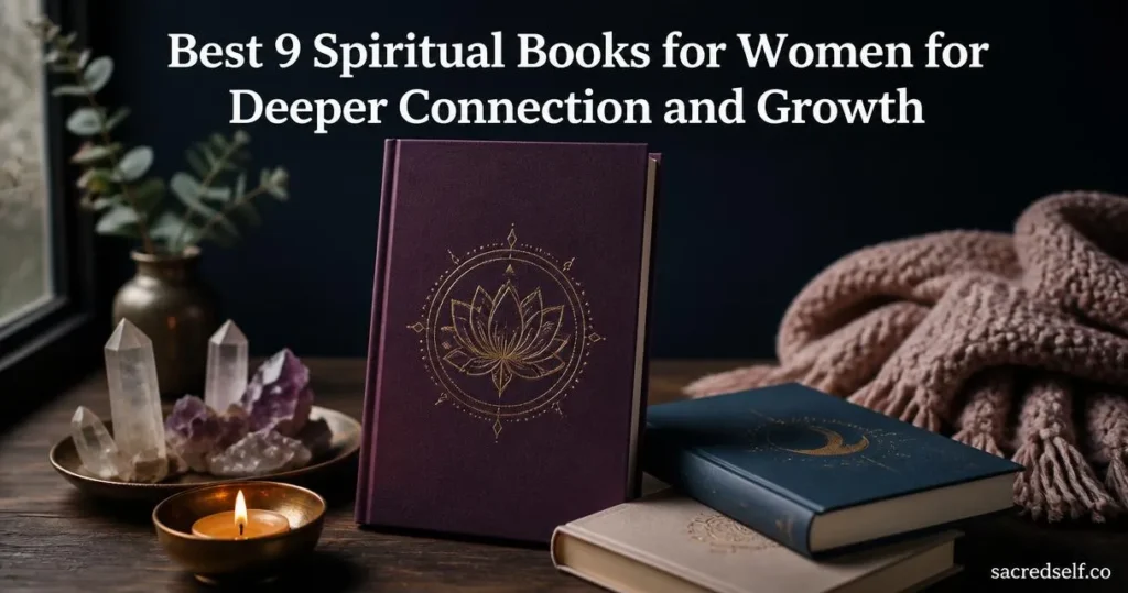Cozy 16:9 arrangement of spiritual books with embossed lotus, crystals, white title overlay