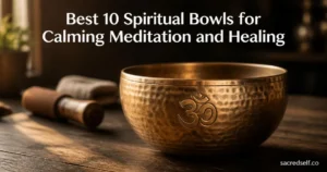 Photorealistic scene of a hand‑hammered Tibetan singing bowl with an engraved Om symbol, wooden striker, soft bokeh dark background, title centered at top and small "sacredself.co" watermark bottom right.