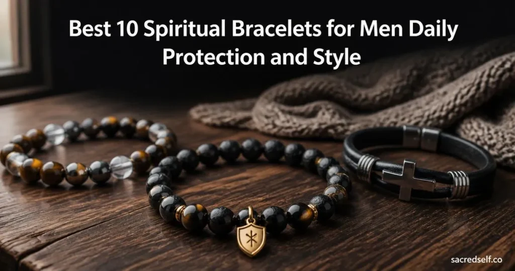 Photorealistic 16:9 image of a black tourmaline and golden obsidian protection bracelet as the hero item, arranged with a tiger eye hematite bracelet and a stainless steel cross leather bracelet on a dark wooden table, warm window light, muted dark bokeh background, large white title centered at top and small 'sacredself.co' watermark bottom right.