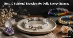Cozy 16:9 photorealistic still-life of a Moon Phase Crystal Healing Bracelet as the hero on a ceramic tray with crystals and blurred supporting bracelets, dark muted background, white title text centered at top reading 'Best 10 Spiritual Bracelets for Daily Energy Balance' and small white 'sacredself.co' watermark bottom right.