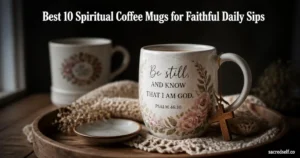 Cozy candid 16:9 photo of a floral scripture ceramic coffee mug with visible Bible verse and a small wooden cross charm, soft bokeh dark background, large white title at top reading 'Best 10 Spiritual Coffee Mugs for Faithful Daily Sips', small 'sacredself.co' watermark bottom right.
