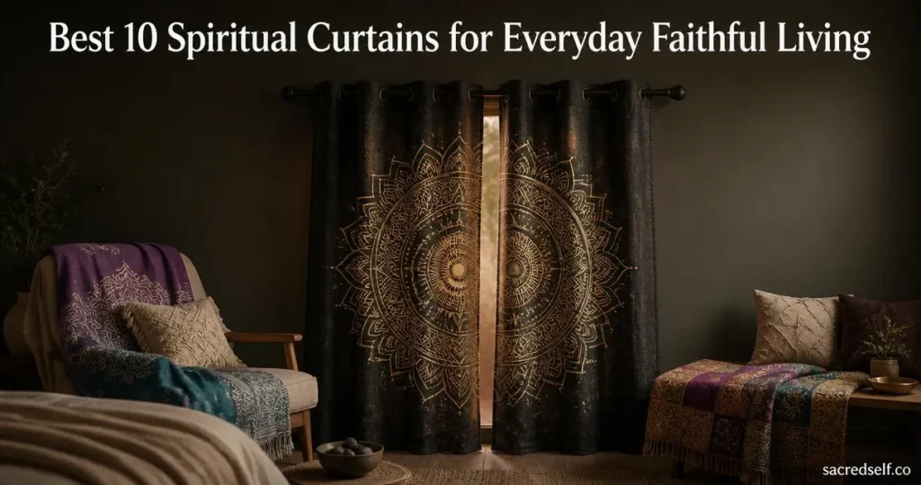 Photorealistic 16:9 image of a mandala blackout curtain as the hero product in a cozy nook, with an Ombre mandala panel draped on a chair and a sari patchwork throw nearby; large white title centered at top and small "sacredself.co" watermark bottom right.
