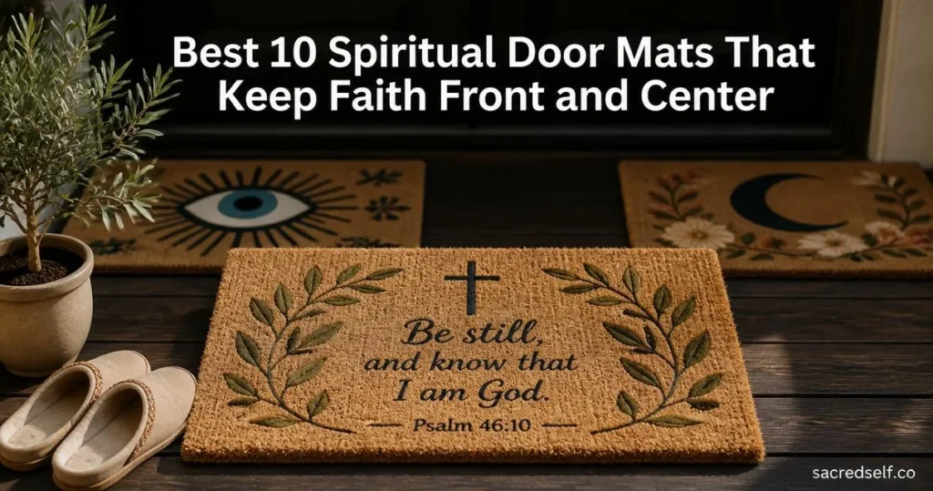 Photorealistic 16:9 image of an Olive Leaf Psalm Christian coir doormat centered on a dark wood doorstep with two blurred spiritual doormats behind it; large white title at top and small 'sacredself.co' watermark bottom right.