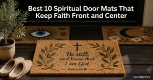 Photorealistic 16:9 image of an Olive Leaf Psalm Christian coir doormat centered on a dark wood doorstep with two blurred spiritual doormats behind it; large white title at top and small 'sacredself.co' watermark bottom right.