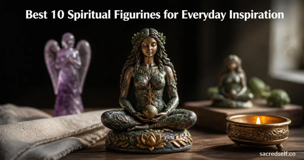 Cozy 16:9 photo of a Gaia lotus pose resin figurine on a wooden table with soft bokeh, blurred amethyst crystal and mini lotus figurine behind; dark muted background, large white title centered at top and small white "sacredself.co" watermark bottom right.