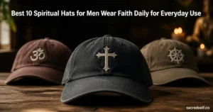 Cozy still-life of three men's spiritual caps (center cap with embroidered cross) on a wooden table, dark muted background, large white title centered at top reading 'Best 10 Spiritual Hats for Men Wear Faith Daily for Everyday Use', small watermark 'sacredself.co' bottom right.