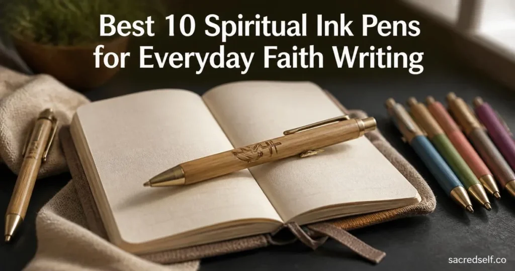 Cozy 16:9 photo of an eco-friendly bamboo Bible verse pen as the hero on an open journal, colorful pens in soft-focus background, large white title centered at top and small "sacredself.co" watermark bottom right.