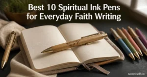 Cozy 16:9 photo of an eco-friendly bamboo Bible verse pen as the hero on an open journal, colorful pens in soft-focus background, large white title centered at top and small "sacredself.co" watermark bottom right.