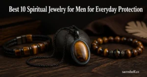 Cozy 16:9 photorealistic image of a Tiger Eye Obsidian Healing Necklace on dark wood with two Tiger Eye bracelets nearby; large white centered title at top reads "Best 10 Spiritual Jewelry for Men for Everyday Protection" and a small "sacredself.co" watermark in the bottom right.
