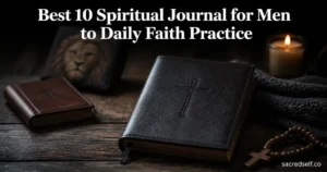 Cozy 16:9 photo of a vegan leather Bible prayer journal with an embossed cross on a dark wood table, blurred devotional journals and candlelight in the soft bokeh background; large white title centered at top and small 'sacredself.co' watermark at bottom right.