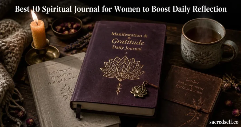 Cozy 16:9 still-life: a Manifestation & Gratitude Daily Journal with embossed gold lotus as the hero, two supporting journals, candle and tea on a dark muted background; large white title centered at top and small 'sacredself.co' watermark bottom right.