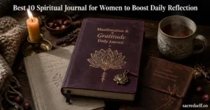 Cozy 16:9 still-life: a Manifestation & Gratitude Daily Journal with embossed gold lotus as the hero, two supporting journals, candle and tea on a dark muted background; large white title centered at top and small 'sacredself.co' watermark bottom right.