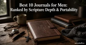 Cozy 16:9 photorealistic scene of a brown leather magnetic-closure journal embossed with a cross on a wooden table, blurred supporting notebooks and men's accessories in soft bokeh; large white title centered at top: "Best 10 Journals for Men: Ranked by Scripture Depth & Portability" and small white watermark "sacredself.co" at bottom right.