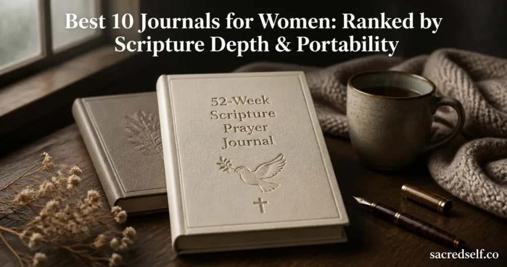 Photorealistic 16:9 cozy still life of a 52-Week Scripture Prayer Journal on a dark wooden table with a second gratitude journal, a fountain pen, knit blanket and teacup, soft natural window light, large white title at the top reading 'Best 10 Journals for Women: Ranked by Scripture Depth & Portability' and a small 'sacredself.co' watermark in the bottom right.