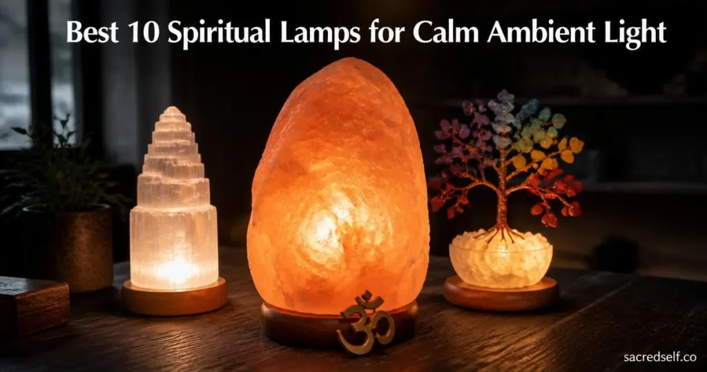 Cozy 16:9 photo of a glowing Himalayan salt lamp with a brass Om charm, flanked by a selenite lamp and a 7‑chakra crystal tree lamp on a dark table, with the white title at the top and a small "sacredself.co" watermark in the bottom right.
