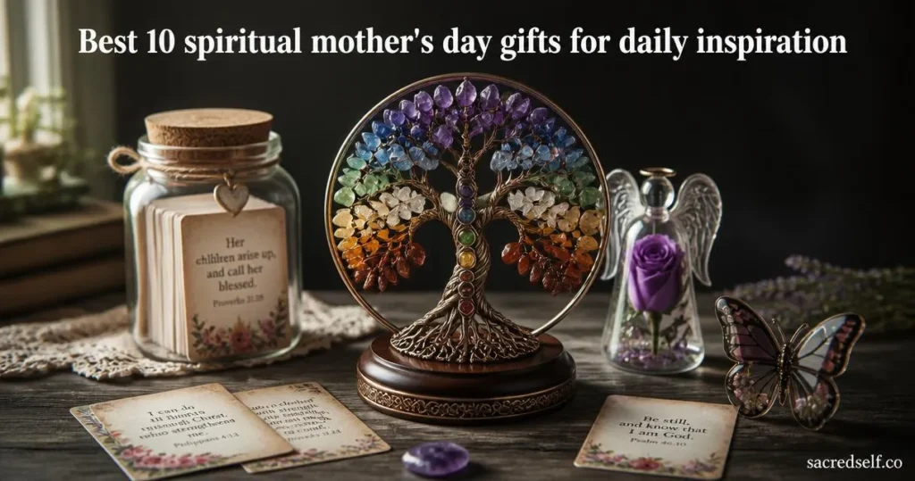 Still-life of a 7 Chakra Tree of Life crystal decor as the hero product, with a glass Bible verse jar and a preserved purple rose angel figurine on a rustic wooden table; dark muted background, warm natural light, centered white title at top: 'Best 10 spiritual mother's day gifts for daily inspiration', small 'sacredself.co' watermark bottom right.
