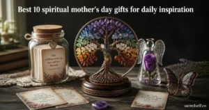 Still-life of a 7 Chakra Tree of Life crystal decor as the hero product, with a glass Bible verse jar and a preserved purple rose angel figurine on a rustic wooden table; dark muted background, warm natural light, centered white title at top: 'Best 10 spiritual mother's day gifts for daily inspiration', small 'sacredself.co' watermark bottom right.