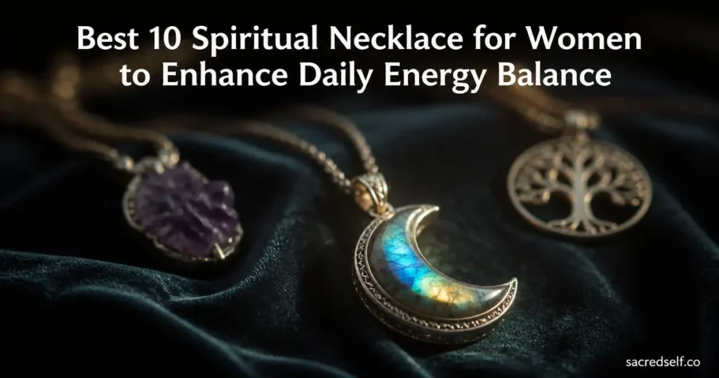Close-up, dark-velvet still life of a labradorite crescent moon pendant necklace as the hero, with blurred amethyst and tree-of-life necklaces in the background; centered white title at top and small 'sacredself.co' watermark bottom right.