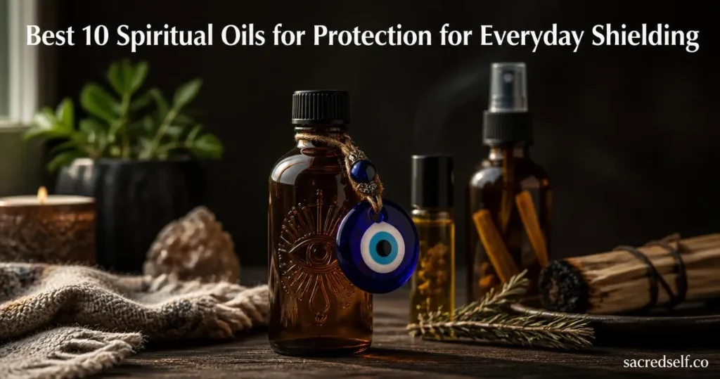 Cozy still-life of an amber protection oil bottle with a blue evil eye charm, frankincense roll-on and palo santo spray softly blurred behind on a dark wooden table; large white title at top 'Best 10 Spiritual Oils for Protection for Everyday Shielding' and small 'sacredself.co' watermark at bottom right.