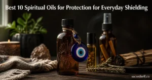 Cozy still-life of an amber protection oil bottle with a blue evil eye charm, frankincense roll-on and palo santo spray softly blurred behind on a dark wooden table; large white title at top 'Best 10 Spiritual Oils for Protection for Everyday Shielding' and small 'sacredself.co' watermark at bottom right.