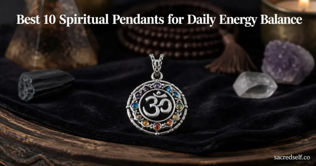 Photorealistic 16:9 image of an Om sterling silver chakra pendant on dark velvet with soft bokeh; large white title centered at top and small 'sacredself.co' watermark bottom right.