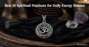 Photorealistic 16:9 image of an Om sterling silver chakra pendant on dark velvet with soft bokeh; large white title centered at top and small 'sacredself.co' watermark bottom right.