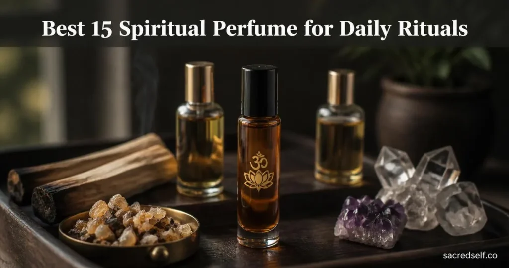 16:9 photoreal image of an amber perfume oil bottle embossed with a gold lotus symbol as the hero on a dark wooden tray with two blurred unbranded bottles, crystals and palo santo; soft natural light, muted dark background; white title 'Best 15 Spiritual Perfume for Daily Rituals' centered at top and small 'sacredself.co' watermark bottom right.