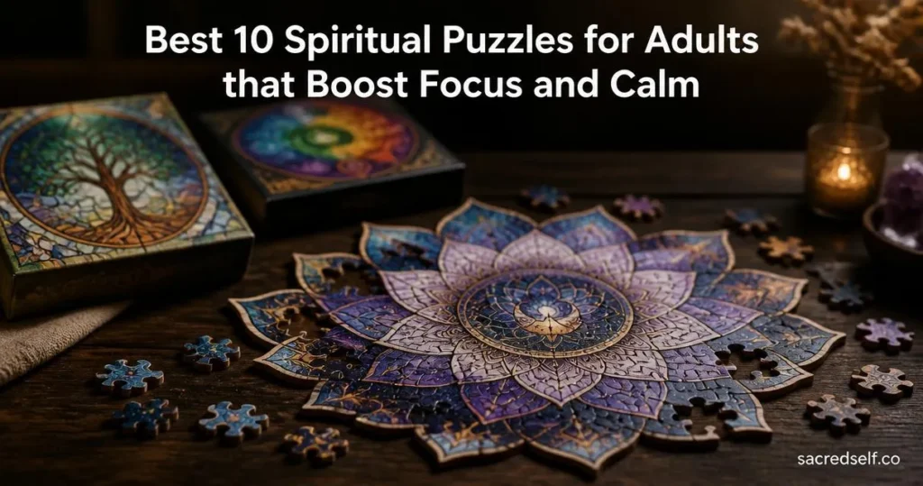 Cozy 16:9 photorealistic image of a Lotus Mandala puzzle partially assembled on a dark wooden table, with blurred Stained Glass Tree of Life and Chakra Mandala puzzle boxes in the background; large white title centered at top and small 'sacredself.co' watermark bottom right.