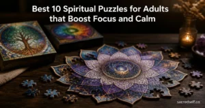 Cozy 16:9 photorealistic image of a Lotus Mandala puzzle partially assembled on a dark wooden table, with blurred Stained Glass Tree of Life and Chakra Mandala puzzle boxes in the background; large white title centered at top and small 'sacredself.co' watermark bottom right.