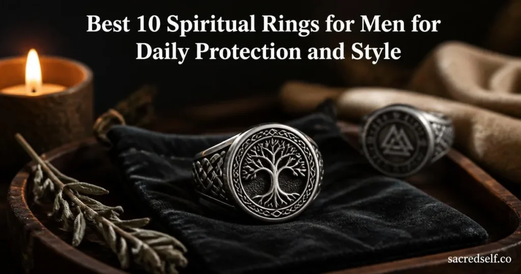 Cozy, photorealistic 16:9 image of a sterling silver Tree of Life ring as the hero product on a dark velvet pouch and wooden tray, with a blurred Norse-style ring nearby, candlelight and sage, and large white title at top: "Best 10 Spiritual Rings for Men for Daily Protection and Style", small white watermark "sacredself.co" in bottom right.