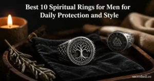 Cozy, photorealistic 16:9 image of a sterling silver Tree of Life ring as the hero product on a dark velvet pouch and wooden tray, with a blurred Norse-style ring nearby, candlelight and sage, and large white title at top: "Best 10 Spiritual Rings for Men for Daily Protection and Style", small white watermark "sacredself.co" in bottom right.