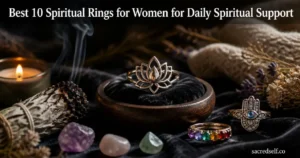Photorealistic 16:9 cozy still life of a Trauma-Release Lotus Ring as the hero on a dark velvet dish, with chakra and hamsa rings nearby, crystals, candle, and sage; large white title at top and small "sacredself.co" watermark bottom right.